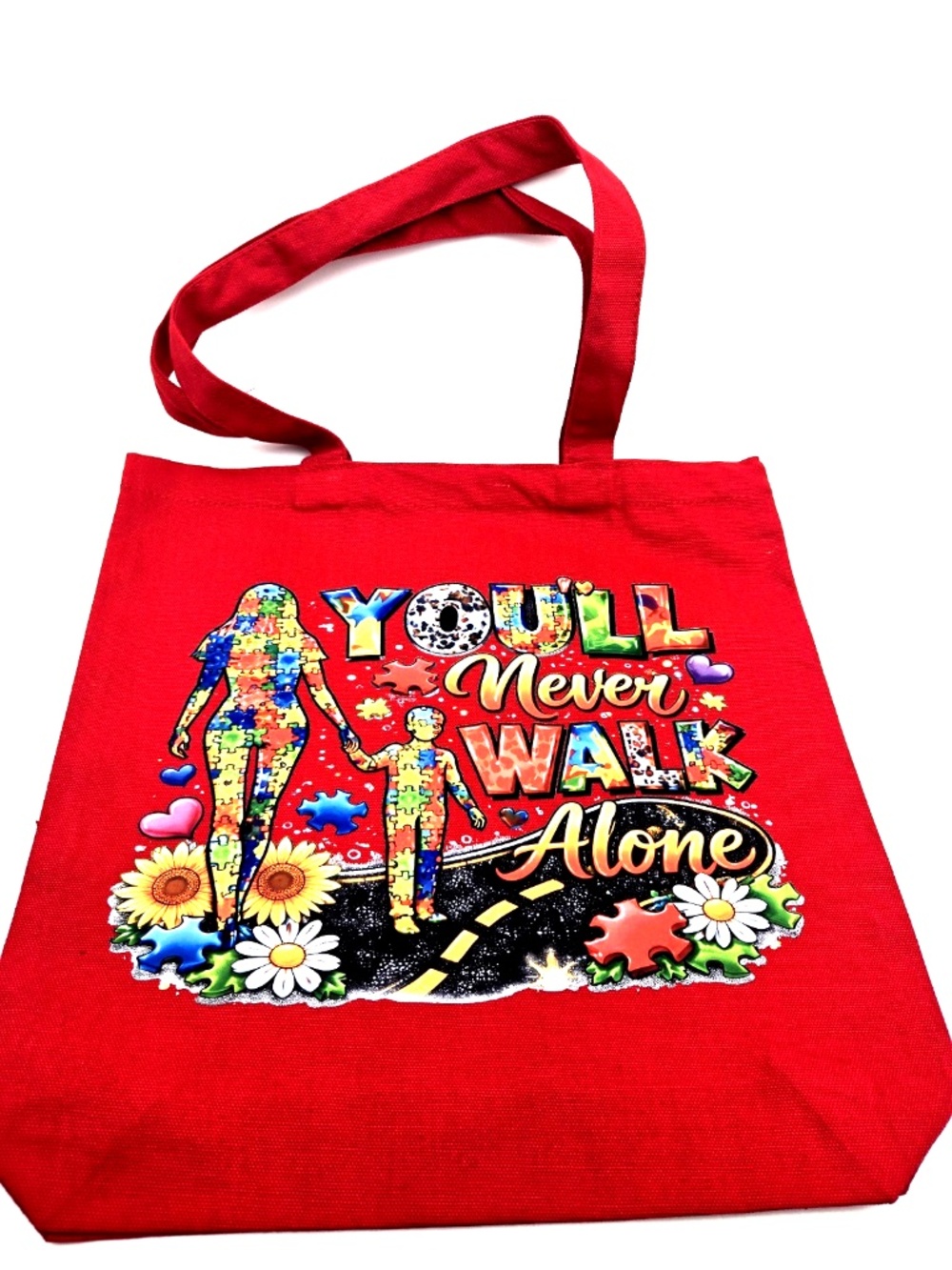 Autism Awareness Tote Bag Red 13.5x13.5in Carry Handle Graphic Canvas